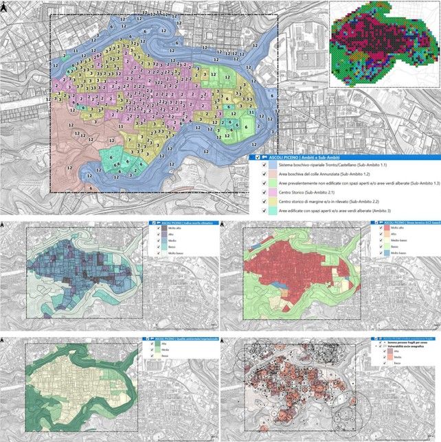 L’immagine restituisce gli ambiti/sub-ambiti urbani climaticamente omogenei (CAUUs) e gli indici sintetici normalizzati per soglie che rappresentano i principali contenuti del geoDB di Vitality per il caso di Ascoli, a cui si aggiungono le raccomandazioni