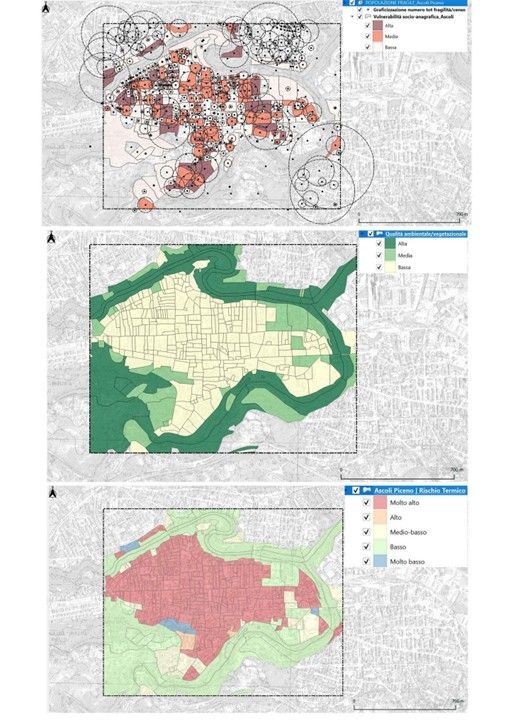 Caso di Ascoli Piceno: Indice Liveability spazializzato sulle sezioni censuarie. In evidenza l’indice sintetico complessivo e 4 dei suoi 12 indicatori ritenuti significativi (i) Accessibility Level, (ii) Attractive Activities, (iii) Thermal Comfort, (iv) 