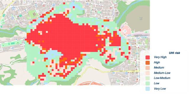 Mappa ad alta risoluzione (30x30m) del Rischio di Isola di Calore Urbana, derivata dalla precedente analisi LCZ.