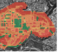 (a) Mappa dell'indicatore 'Distribuzione dello spazio aperto', che mostra il rapporto tra spazio pedonale e veicolare.