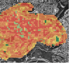 (b) Mappa dell'indicatore 'Relazione tra edifici e area di vista del cielo', che illustra la media ponderata dello Sky View Factor. 