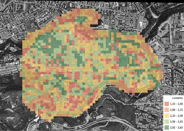 Mappa di sintesi dell'Indice di Vivibilità per il centro storico di Ascoli Piceno. La mappa aggrega i punteggi dei 12 indicatori in un'unica metrica di performance socio-spaziale, dove i colori verdi indicano le aree di maggiore vivibilità e i colori ross